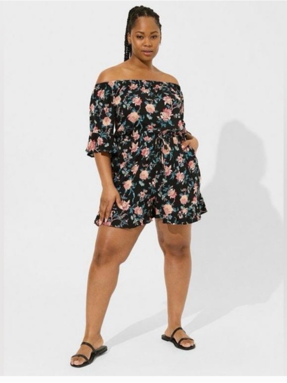 Off-Shoulder Black Floral Short Romper SIZE 1 NWT